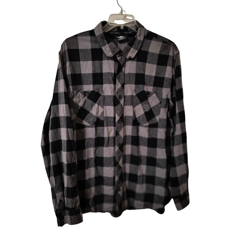 M1276)Harley Davidson 2XL Men Brushed Flannel Gray Plaid Long Sleeve Shirt
